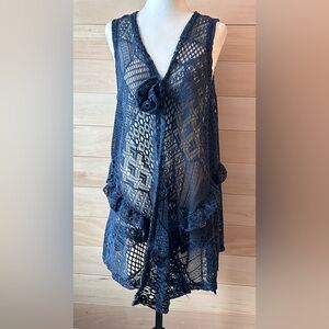 Size XL Casa Donna cardigan swimwear cover-up blue knit flower sleeveless
